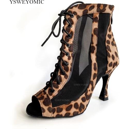 Ladies Dance Bootie 2021 Newest Style Leopard Flock Soft Thicker Padding Insole Stable Bachata Salsa Dance Shoes Latin Women