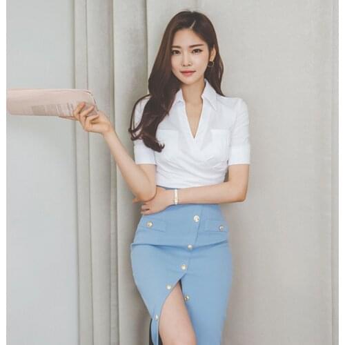 New arrival fashion korean style set for women summer office lady elegant simple blue pencil skirt and white shirt two piece set