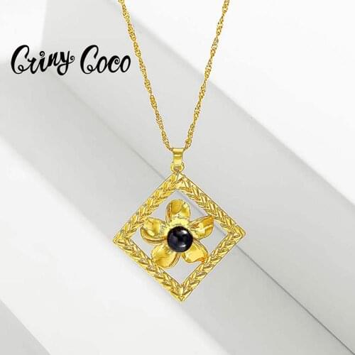 2020 Hawaii Style Cring Coco Dangle Necklace for Women Golden Flower Luxury Elegant Rectangular Shape Accessory Female Fashion