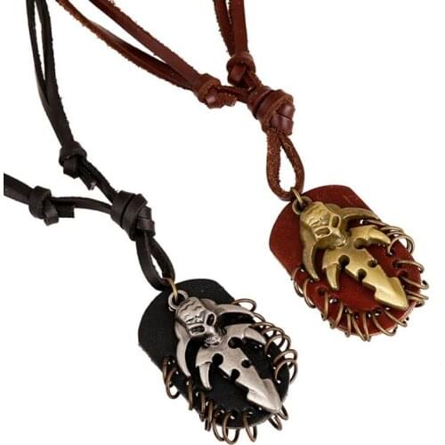 Punk Fashion Gothic Skull Leather Long Chain Necklace Alloy Skeleton Pendant Statement Rope Jewelry Casual Retro Vintage Choker