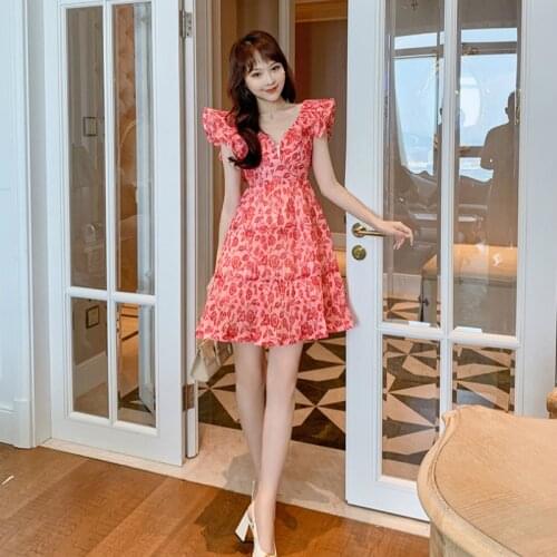 French Styles Print Rose Flower Princess Dress for Women Summer 2021 New Chiffon A Line Mini Red Ladies Dresses Korean Fashion