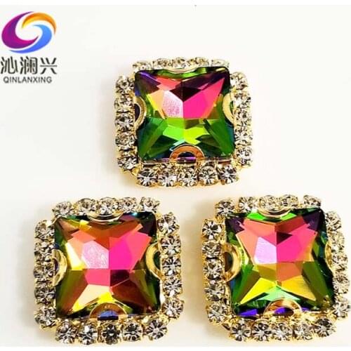 Golden bottom Seven color square shape top Crystal glass buckle, sew on rhinestones use for Diy/jewelry accessories SQKG23