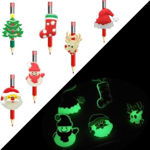 8pcs Santa Clause Elk PVC Pencil Toppers Snowman Glowing in the Dark Pencil Caps Pen Cover Straw Charm Stationery Kids Xmas Gift