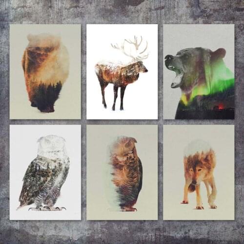 Abstract Landscape Deer Bear Owl Wolf Wall Art Canvas Painting Nordic Poster And Prints Wall Pictures For Living Room Home Decor