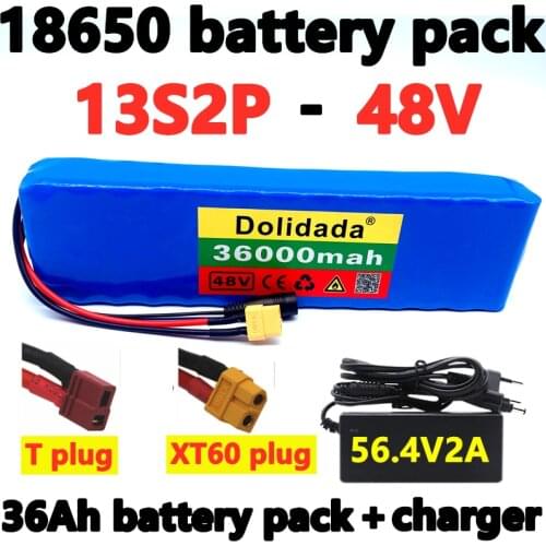 E-bike battery 48v 36Ah 18650 lithium ion battery pack 13S2P bike conversion kit bafang 1000w and 54.6V 2A Charger + XT60/T Plug