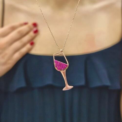 Wineglass 925 Sterling Silver, Gold, Rose Plated Zircon Necklace For Women Girls Handmade Fashion Jewelry Elegant Minimalist