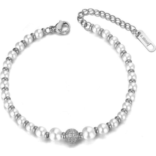 Trendy Stainless Steel Simulated Pearl Charm Bracelets For Women Bohemia CZ Crystal Chain Link Bracelet Jewelry B19079