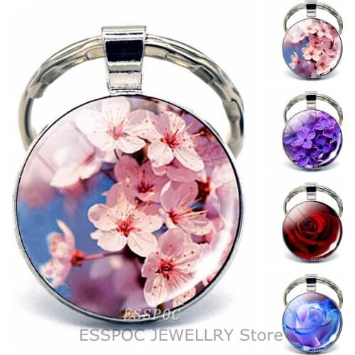 Flower Accessories Keychain Cherry Blossom Sakura Rose Jewelry Key Holder Key Rings Glass Cabochon Pendant Keychains for Women