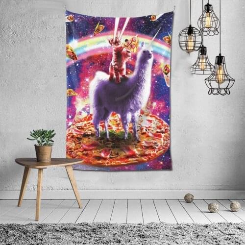Eyes Galaxy Outer Space Cat Riding On Llama Unicorn Bedroom Tapestry Wall Art