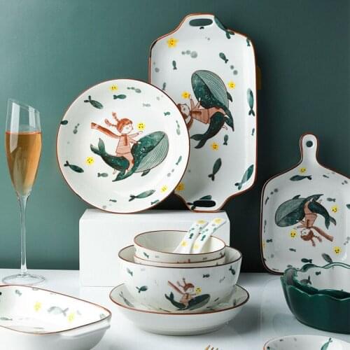 Dream Whale Ceramic Tableware Salad Bowl Ramen Bowls Household Tableware Set Single Baking Tray Kitchen Supplies Korean Cute