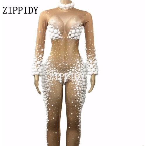 Sexy White Small Balls Christmas Jumpsuit Stage Wear Costume Rompers Womens Stretch Nude Bodysuit Birthday Celebrate