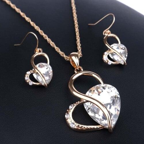 Fashion Women Costume Jewelry Sets Gold Color Rhinestone Crystal Heart Drop Necklace Earrings Wedding Bridal Jewelry Sets