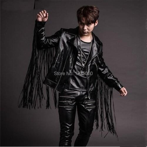 Tide male singer PU leather Tassels Jacket Blazer Zipper pants suit sets Club Bar Hip Hop Jazz show costumes Band stage outfit