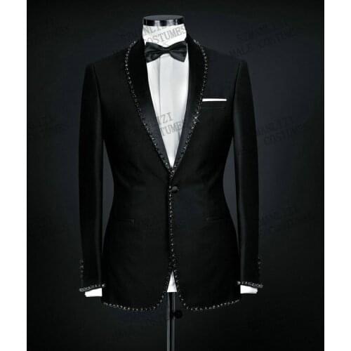 Costume Homme Fashion Design Black Wedding Men Suits Beads Lapel Party Prom Slim Fit Tuxedo Groom Terno Masculino Blazer 2 Pcs