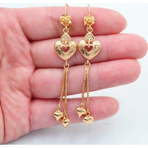 Gold Color Fashion Women Laser Stamped Love Hearts Dangle Earrings