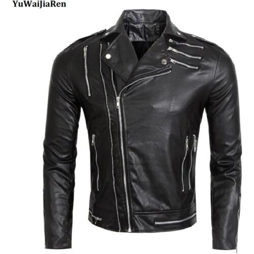 YuWaiJiaRen Leather Jacket Men Spring Fashion Multi Zipper Design Lapel Motorcycle Leather Jackets Coats Mens PU Biker Jackets