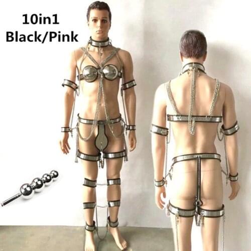 10in1 Stainless Steel Male Chastity Belt Anal Plug Bra Collar Hand Ankle Cuffs Cage Chastity Sets Device Sex Toys for Men G7-90