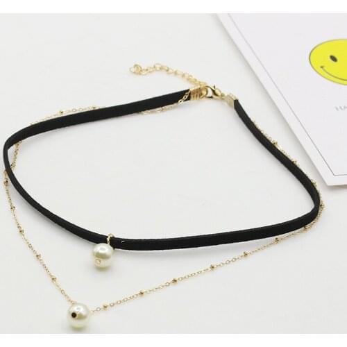 Charming Female Double Layer Pearl Pendant Necklace Elegant Womens Wedding Black Flannelette Choker Fashion Lady Party Jewelry