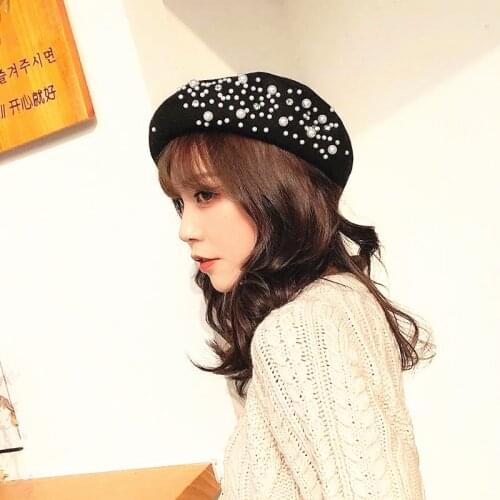 Adult casual wool beret Winter child girl parent-child crystal Pearl rhinestone hip hop beret cap Artist pumpkin hat gorros