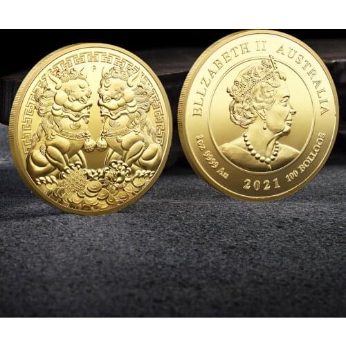 Good Luck To You Chinese Horse Lion Commemorative Coin Color Elizabeth II Gold and Silver Coin Embossed Metal Craft Badge Gift