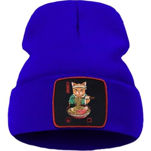 Cat Eat Noodles Funny Printing 2020 Unisex Spring Hat Outdoor Warm Beanie Hat Cartoon Hot Sale Knitted Hat Flexible Quality Caps