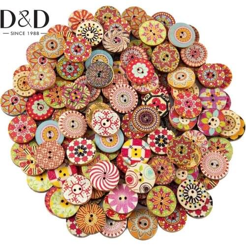 D&D 50/100pcs Vintage Wooden Buttons Flower Mixed Color 2 Holes Round Decorative Painted Wood Button For DIY Sewing Crafts