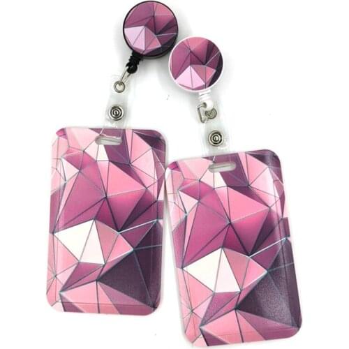 Pink Lattice Pattern Cartoon Retractable Badge Reel Lanyard Nurse ID Business Credit Card Work Card Badge Holder Office Student