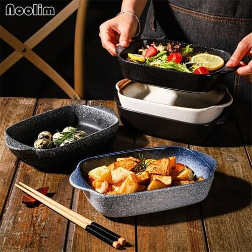 Japanese Ceramic Rectangular Baking Plate Bakeware Retro Roasting Pan With Handle Microwave Oven Dessert Plate Kitchen Tableware