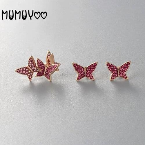 High quality swa asymmetric color butterfly earrings fashion pink color butterfly women earrings three-piece jewelry