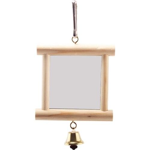 Parrot Mirror Toy Wooden Bird Mirror Perch Bird Cage Mirror with Bell Bird Supplies Bells Toys Perch Hanging Swings Cage