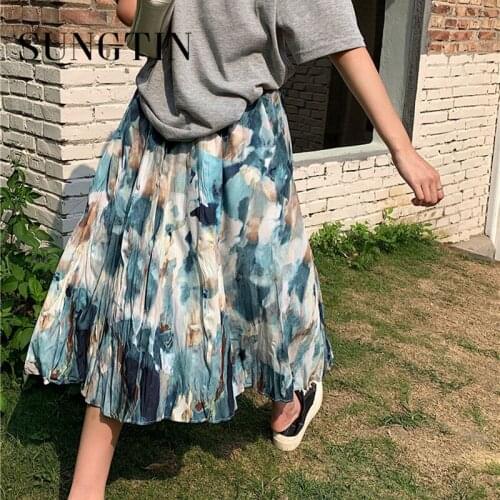 Sungtin Tie Dye Korean Long Skirt for Women Elegant High Waist Plus Size Mid Calf Skirt Vintage Harajuku Skirts 2021 Summer Chic