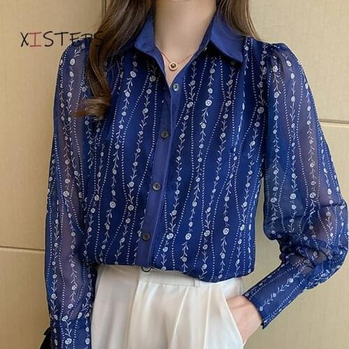 Double Layer Lined Women Chiffon Blouses Turn-down Collar Female Shirts Branch Embroidery Ladies Tops High Street Clothes 2021