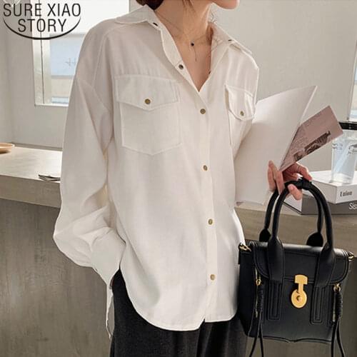Cotton Shirts Women White Blouse Plus Size Loose Tops Lapel Female Blouses New Solid Office Ladies Shirts Femme Blusas 12889