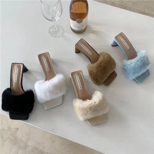 2021 Brand Design Furry Slides for Women Rabbit Fur Slides High Heels Woman Flip Flops Fluffy Slippers Furry Slippers Shoes