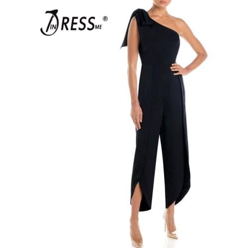 INDRESSME 2019 New Women Fashion Office Lady Sexy One Shoulder With Bow Backless Slit Long Pants Party Bodycon Casual Jumpsuit