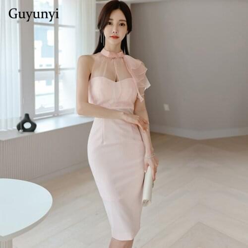 Elegant Party Dress 2021 Summer Pink Sexy Sleeveless Thin Mesh Stitched Stand Collar Simple High Waist Tight Office Lady Dress
