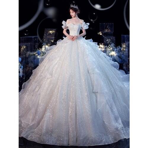 2021Factory Sale Various Plus Size Wedding Dresses Bridal Dress Sparkly One shoulder Ruffle super fairy temperament main