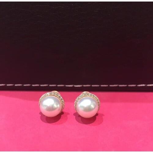 8-8.5MM natural sea water pearl stud earring 18K yellow gold with dimond akoya pearl earring fine women jewelry free shipping