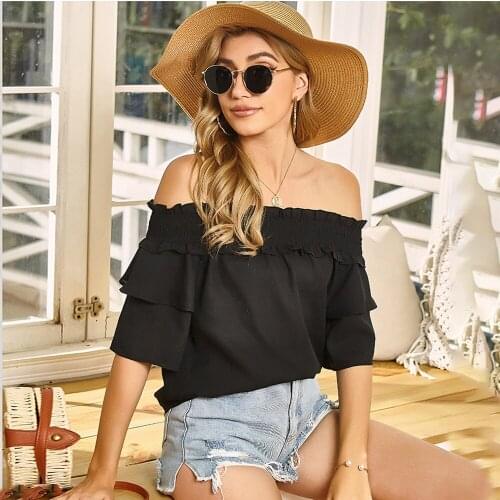 Summer Sexy Off Shoulder Tops Women 2021 Fashion Elastic Slash Neck Butterfly Sleeve Black Woman Blouses Chic Vetement Femme
