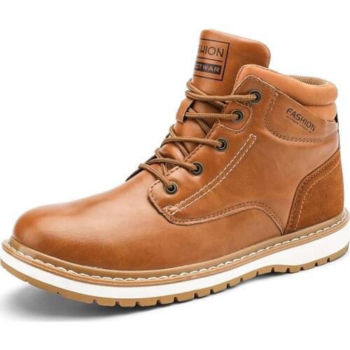 Mens high-end leather Martin boots, outdoor casual lace-up brown handmade boots, plus velvet warm work boots, motorcycle shoes