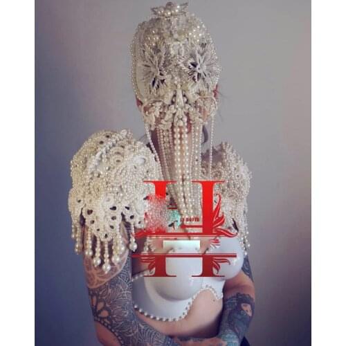 Model catwalk cosplay party masks Bar nightclub gogo white pearl hood headwear