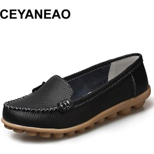 CEYANEAO Genuine leather shoes woman 2018 new solid slip on boat shoes for women flats shoes loafers chaussure femme C026