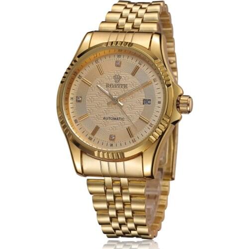 Luxury Gold Fashion Mens Watches Casual Crystal Dial Date Automatic Mechanical Stainless Steel Sport Wrist Watches for men Gifts