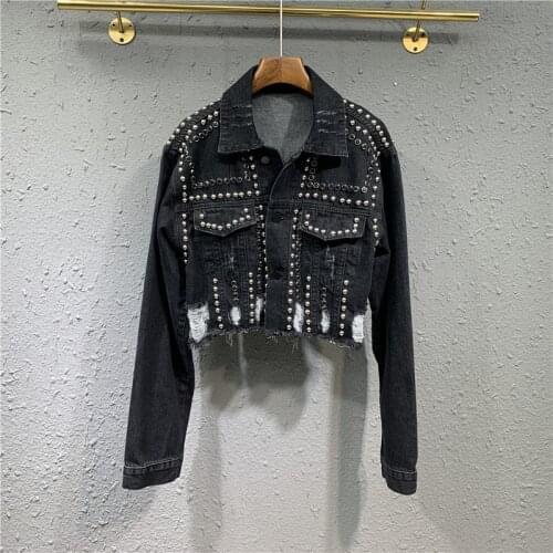 Black Short Casual Womens Denim Jacket 2021 Spring Autumn New Lapel Long Sleeve Single Breasted Rivet Jean Jacket Women Tops