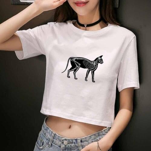 Dog Skull Print Fashion Casual Womens T-Shirts Crew Neck Harajuku Punk Crop Top T Shirt Summer Basic Slim Black Short Tees Lady