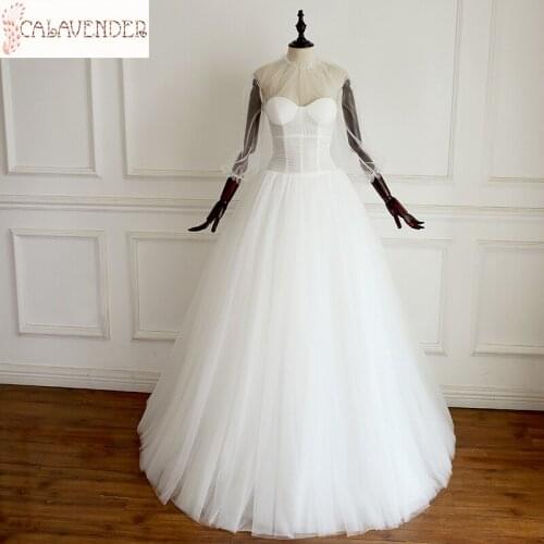 White 3/4 Long Sleeve Wedding Dresses Ball Gown High Neck vestidos de novia Lace Up Back Floor Length Bridal Dress Wedding Gowns