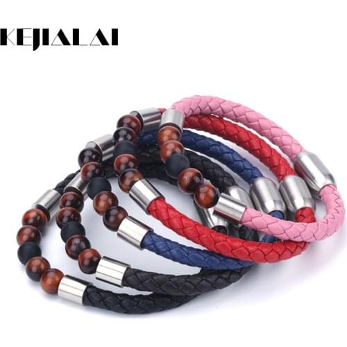 KEJIALAI 8mm Natural Pink Crystal Stone Bead Stainless Steel Charms Genuine Leather Weave Unisex Bracelet Bangle B5011