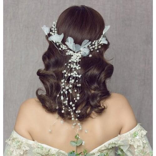 Korean beauty crepe flower garland pearl hair white gauze long headbands bride and girl wedding hair accessories