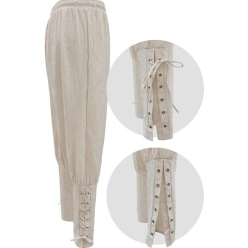 Medieval Renaissance Larp Pirate Horseman Costume Mens Viking Pants Ankle Banded Lace-up Trouser Linen Outfit For Men Plus Size