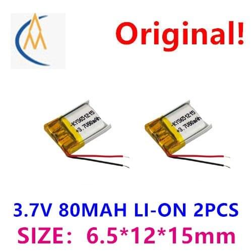 2PCS Pure cobalt 651215 3.7V 80mah601215 Ma Bluetooth TWS headset polymer lithium battery MP3 LED test toy Mini